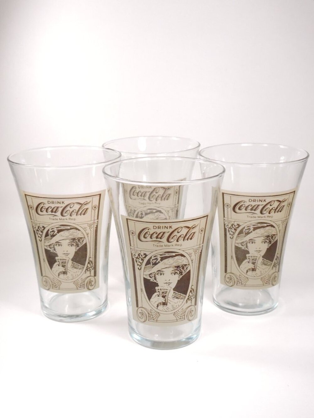 4 Coca-Cola Flared 16 Oz Glasses with Victorian Lady - 1990's Re-Created